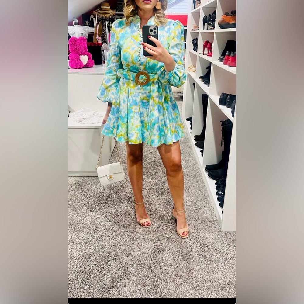 Zimmermann Long Sleeve Floral Mini Dress in Blue and Green